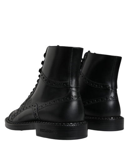  - Black Leather Lace Up Mid Calf Boots Shoes