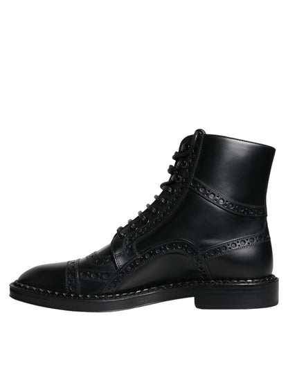  - Black Leather Lace Up Mid Calf Boots Shoes