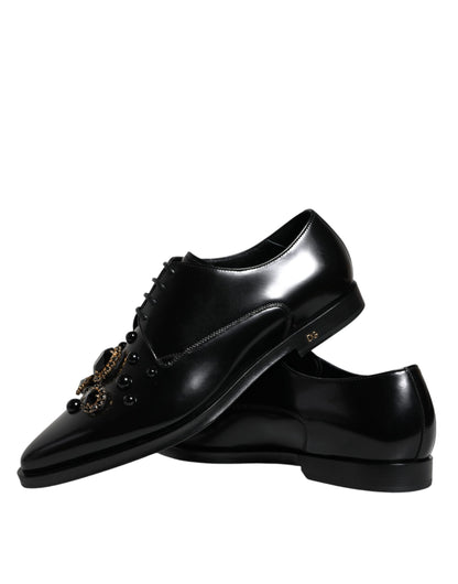  - Black Leather Crystal Lace Up Formal Shoes