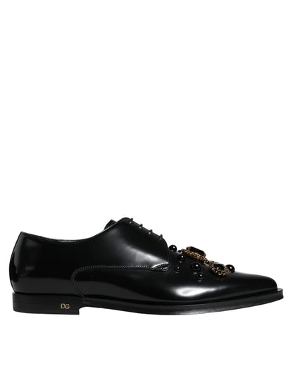  - Black Leather Crystal Lace Up Formal Shoes