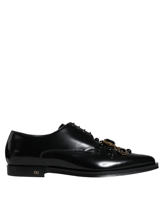  - Black Leather Crystal Lace Up Formal Shoes