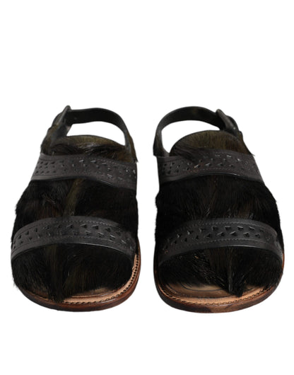  - Black Gazelle Hair Leather Flats Sandals Shoes