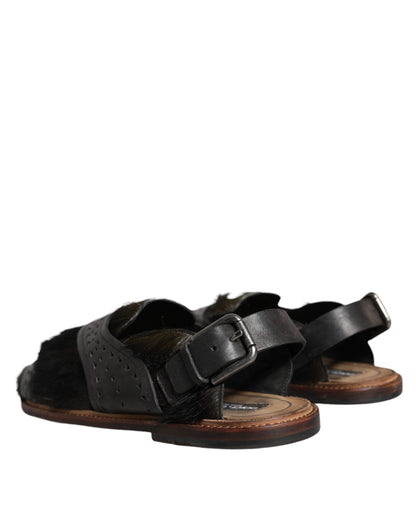  - Black Gazelle Hair Leather Flats Sandals Shoes