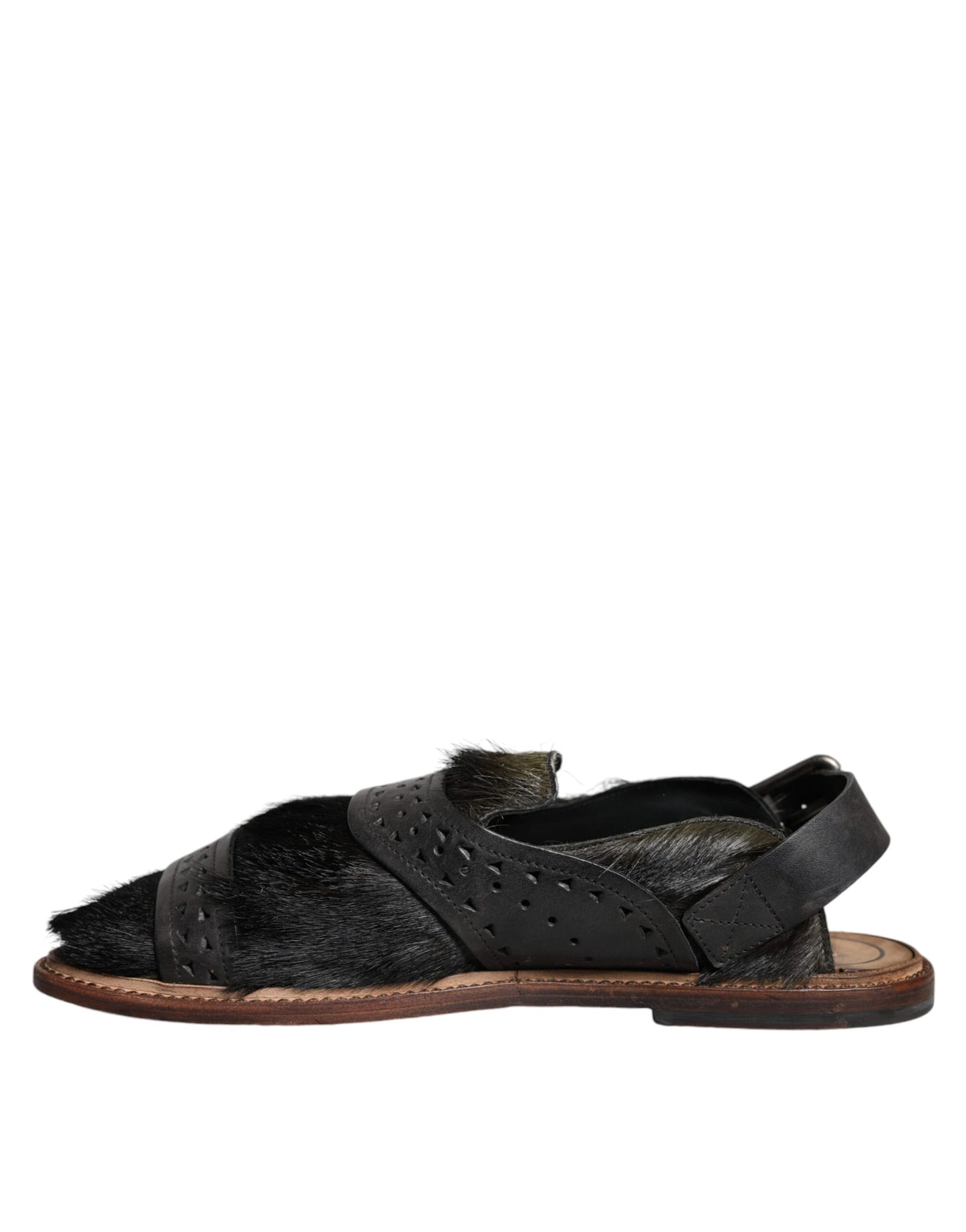  - Black Gazelle Hair Leather Flats Sandals Shoes