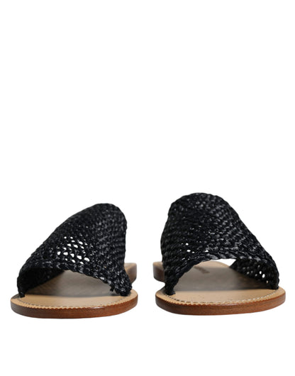  - Black Monochrome Braided Raffia Slides Shoes