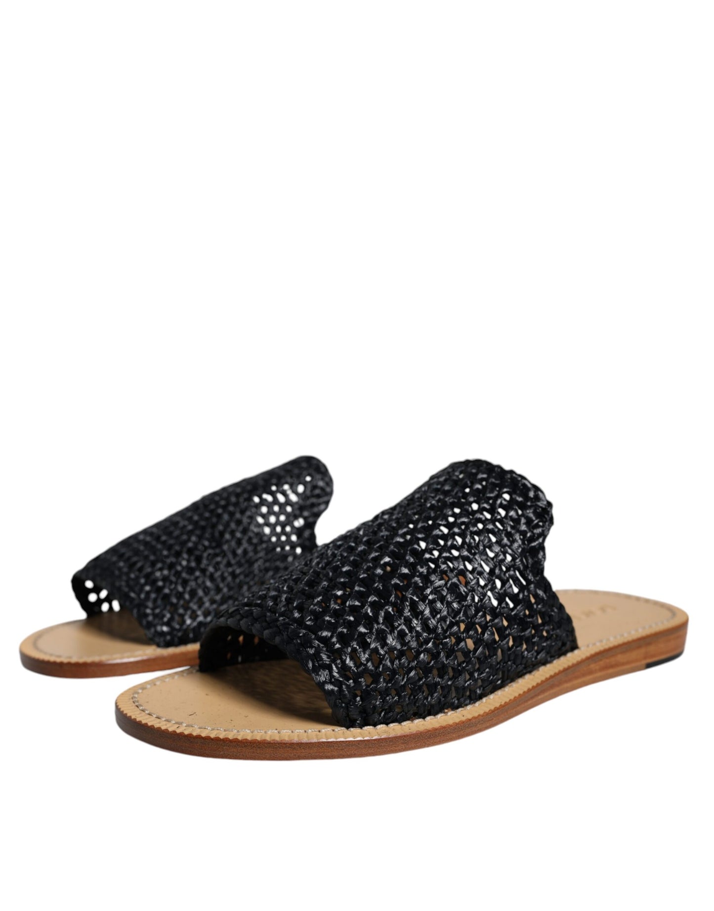  - Black Monochrome Braided Raffia Slides Shoes