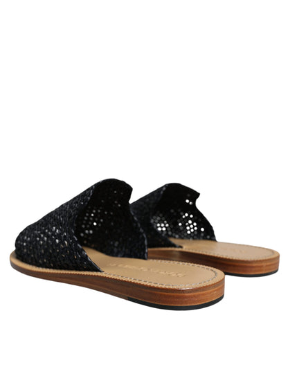  - Black Monochrome Braided Raffia Slides Shoes