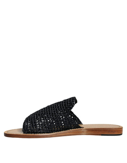  - Black Monochrome Braided Raffia Slides Shoes