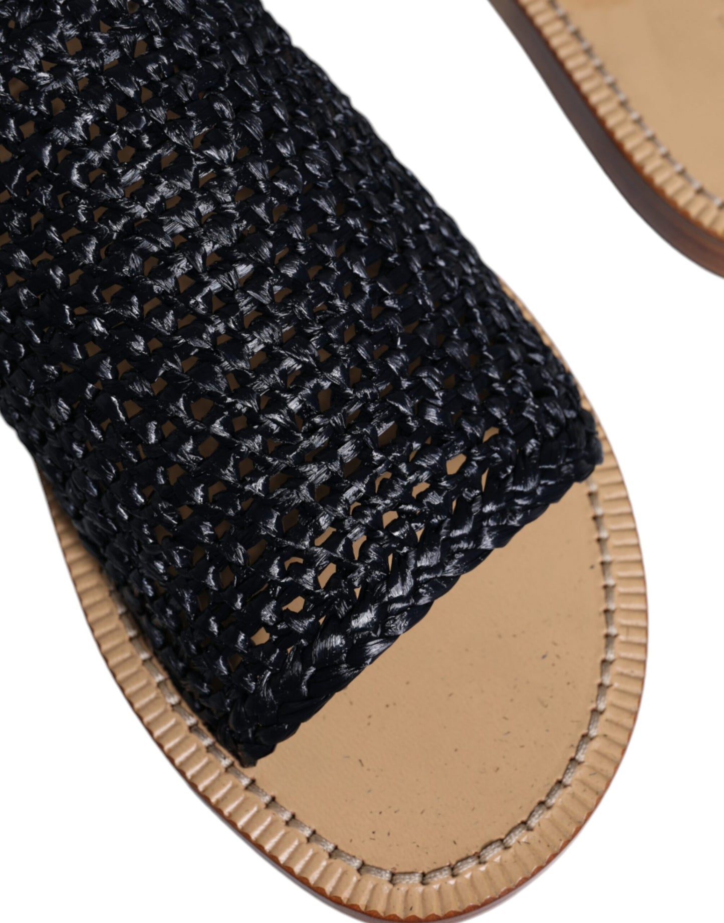  - Black Monochrome Braided Raffia Slides Shoes