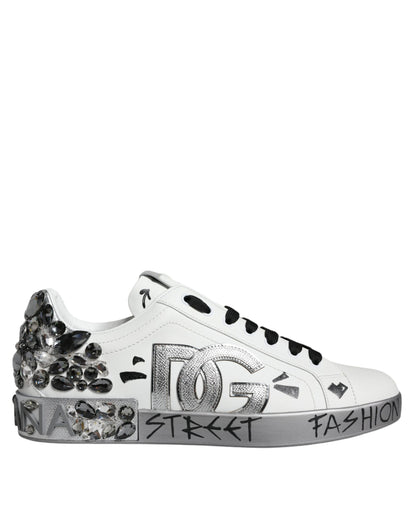 White Silver Crystal Logo Portofino Sneakers Shoes - The Luxe Alliance