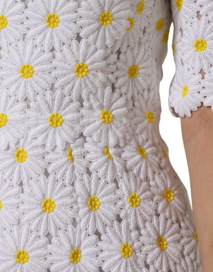  - White Daisy Macrame Lace Sheath Midi Dress