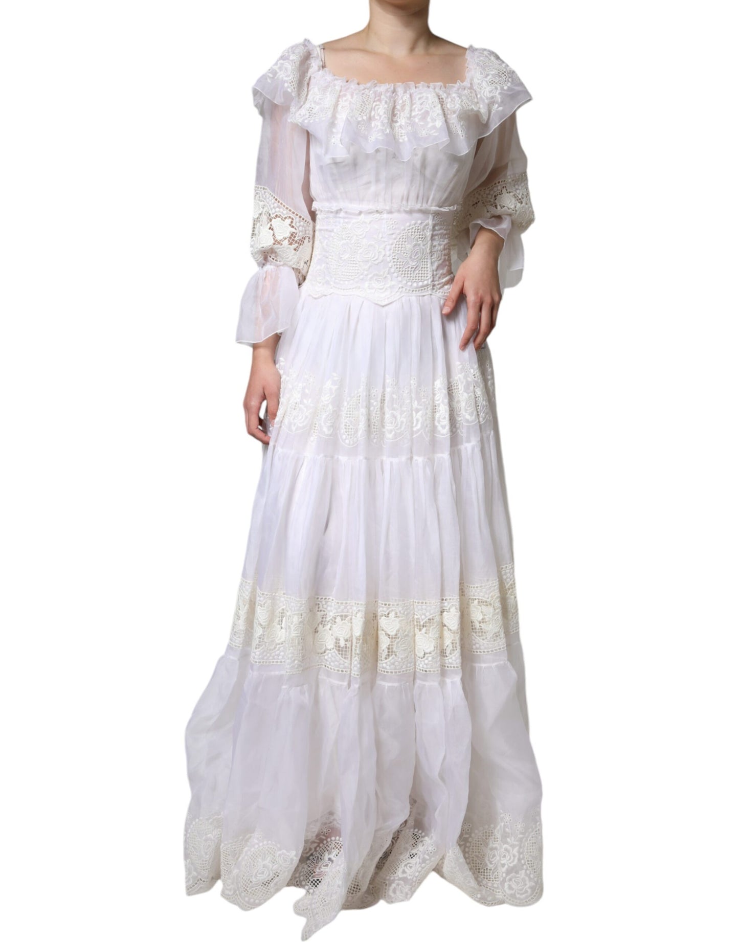  - White Floral Lace Corset Cotton Maxi Dress