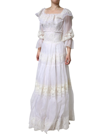  - White Floral Lace Corset Cotton Maxi Dress