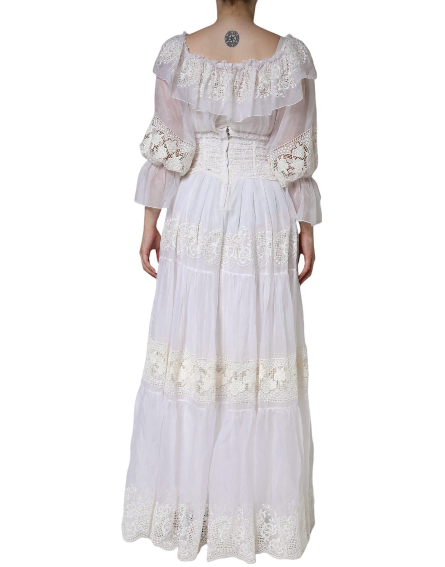  - White Floral Lace Corset Cotton Maxi Dress