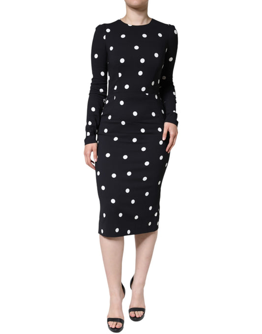  - Black Viscose Polka Dots Sheath Midi Dress