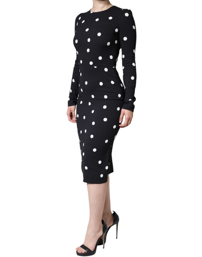  - Black Viscose Polka Dots Sheath Midi Dress