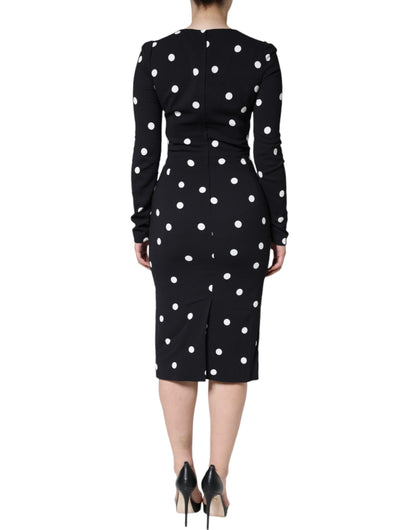  - Black Viscose Polka Dots Sheath Midi Dress