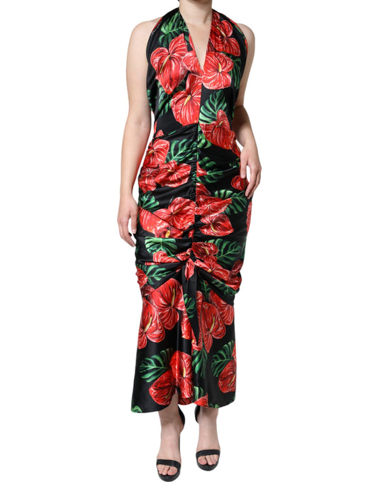  - Black Tropical Floral Sheath Maxi Dress