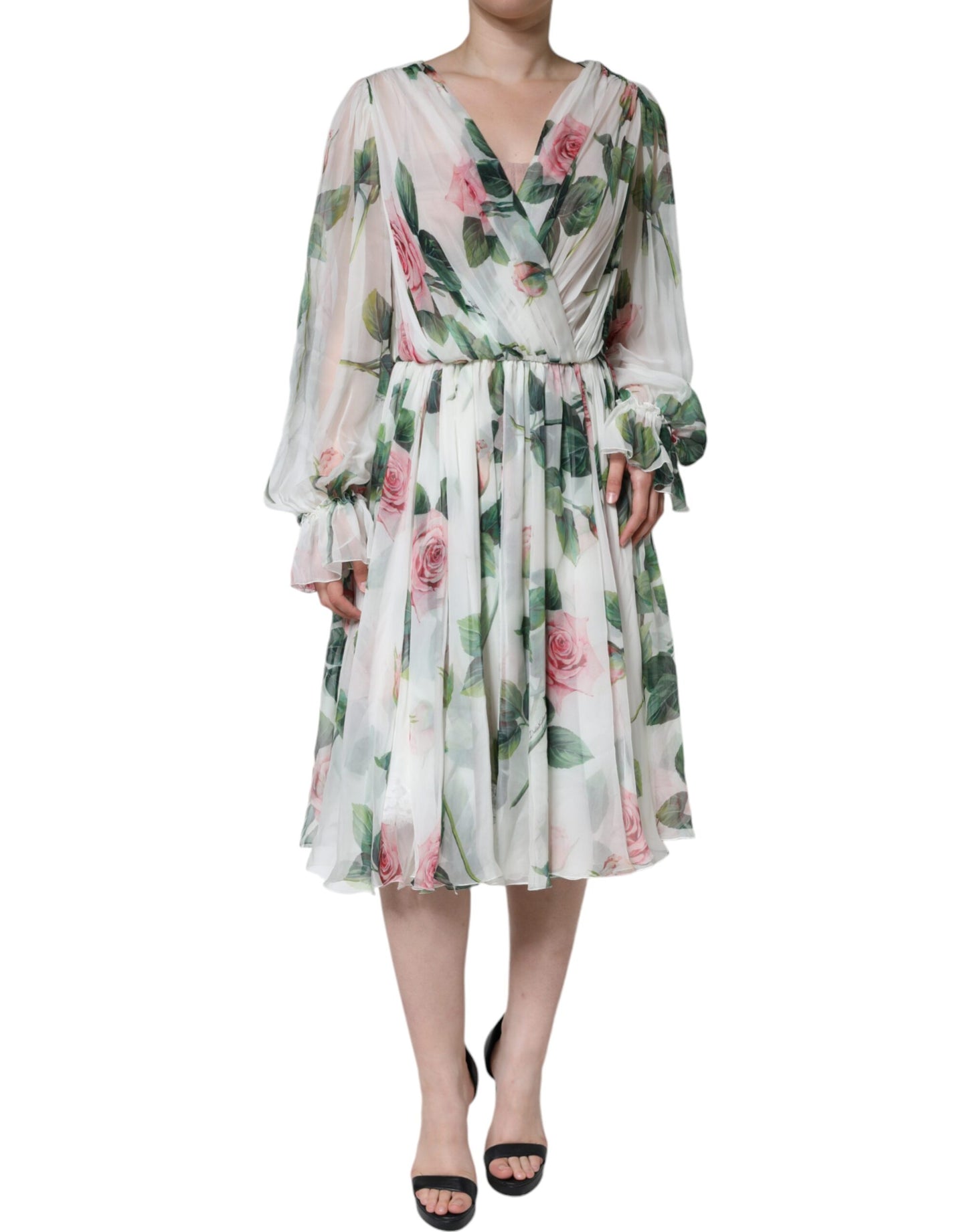  - White Silk Floral Print A-line Midi Dress