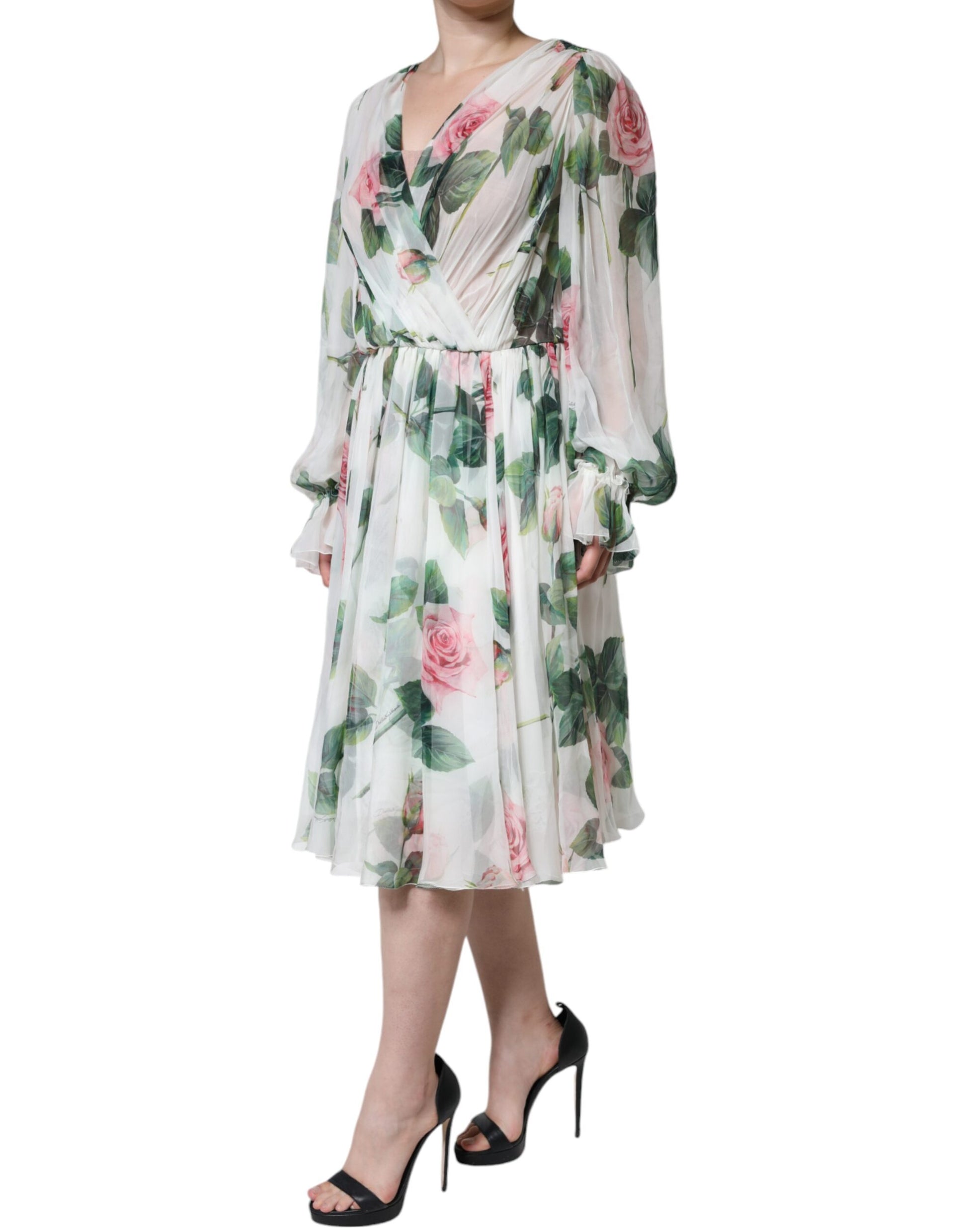 White Silk Floral Print A-line Midi Dress