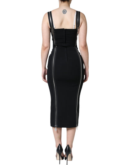  - Black Zipper Bodycon Sheath Midi Dress