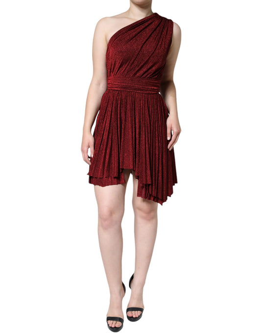  - Red One Shoulder Pleated A-line Mini Dress