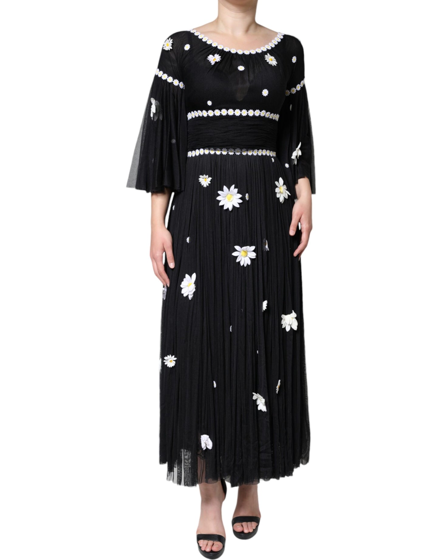  - Black Silk Daisy A-line Long Maxi Dress