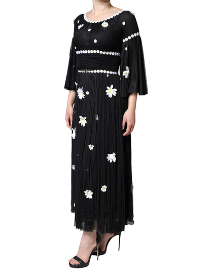  - Black Silk Daisy A-line Long Maxi Dress