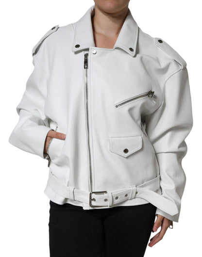  - White Lambskin Leather Biker Coat Jacket