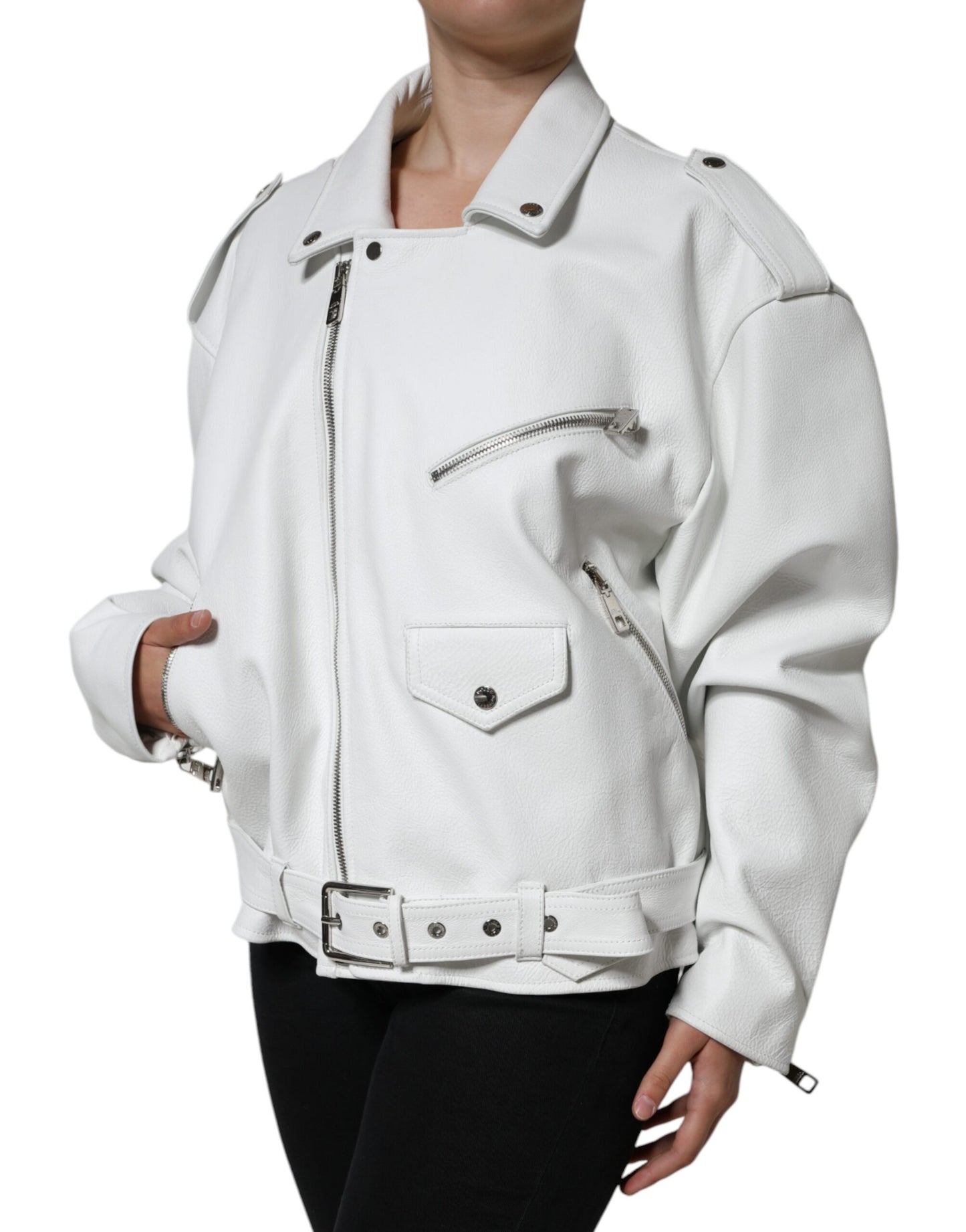  - White Lambskin Leather Biker Coat Jacket