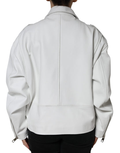  - White Lambskin Leather Biker Coat Jacket