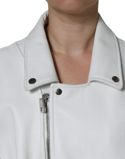  - White Lambskin Leather Biker Coat Jacket