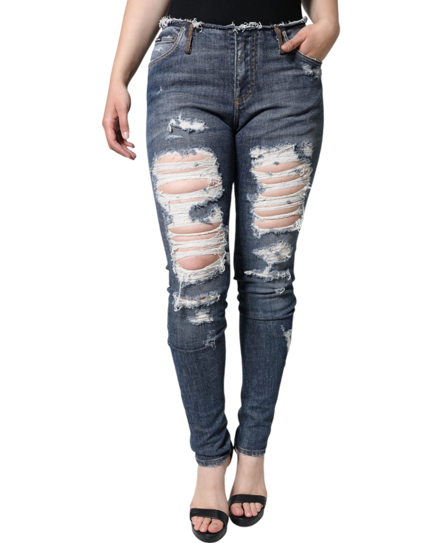  - Blue Cotton Stretch Tattered Skinny Jeans