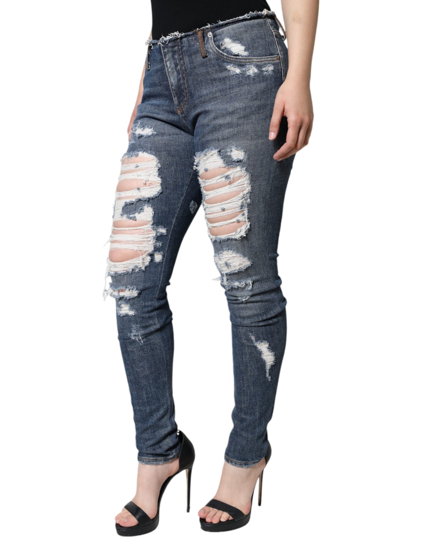  - Blue Cotton Stretch Tattered Skinny Jeans