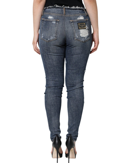  - Blue Cotton Stretch Tattered Skinny Jeans