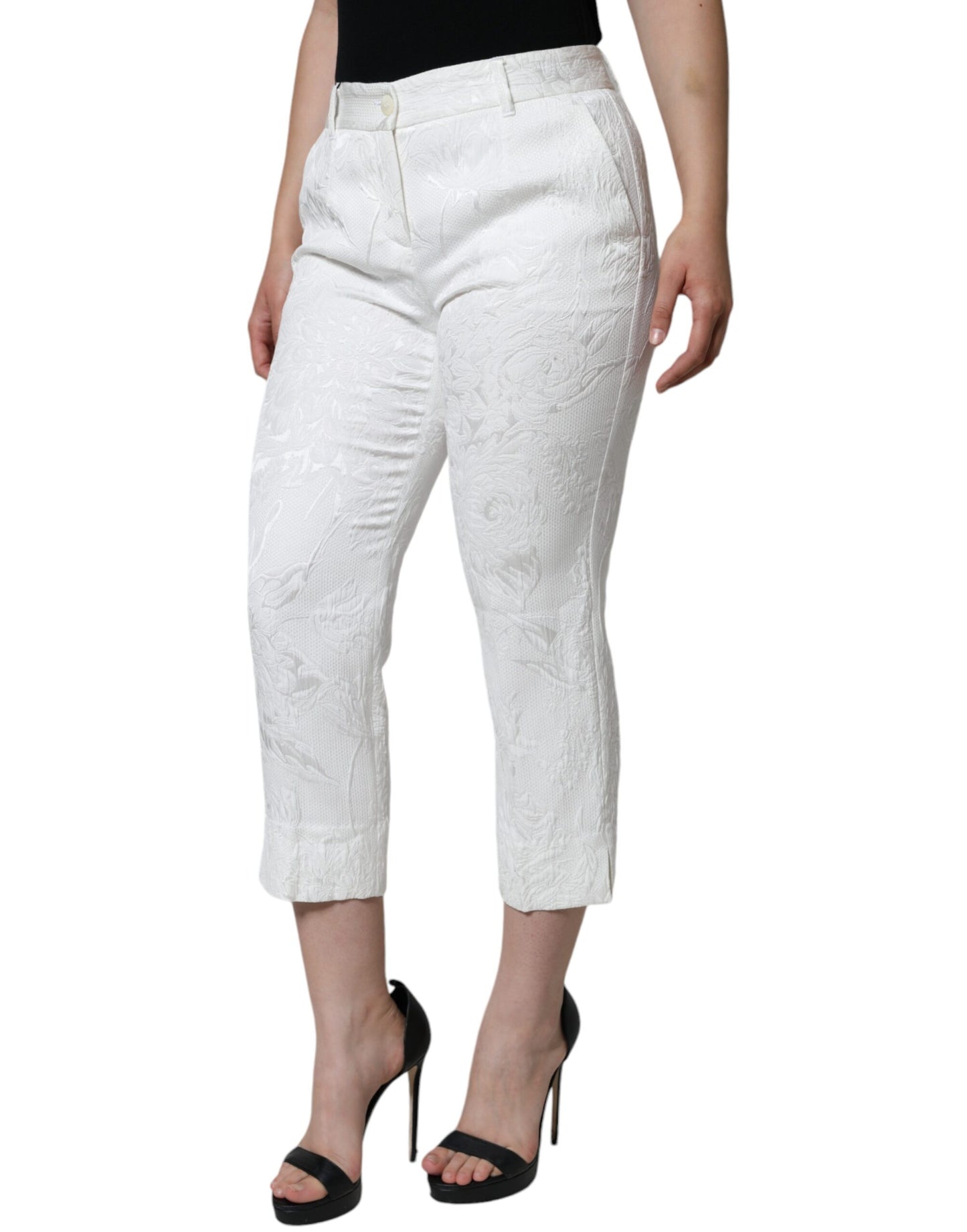  - White Floral Brocade Cotton Cropped Pants