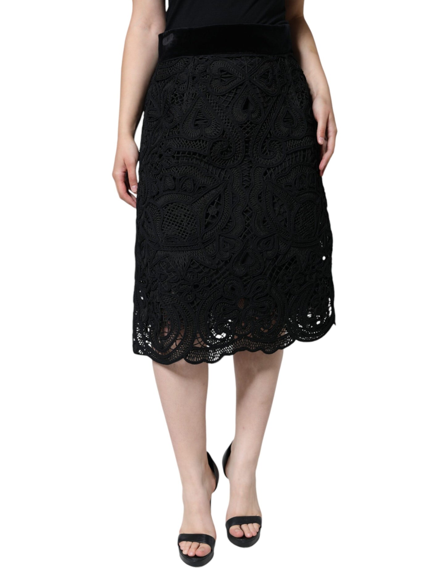  - Black Floral Lace High Waist Pencil Cut Skirt