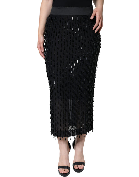  - Black Embellished Pencil Cut Midi Skirt