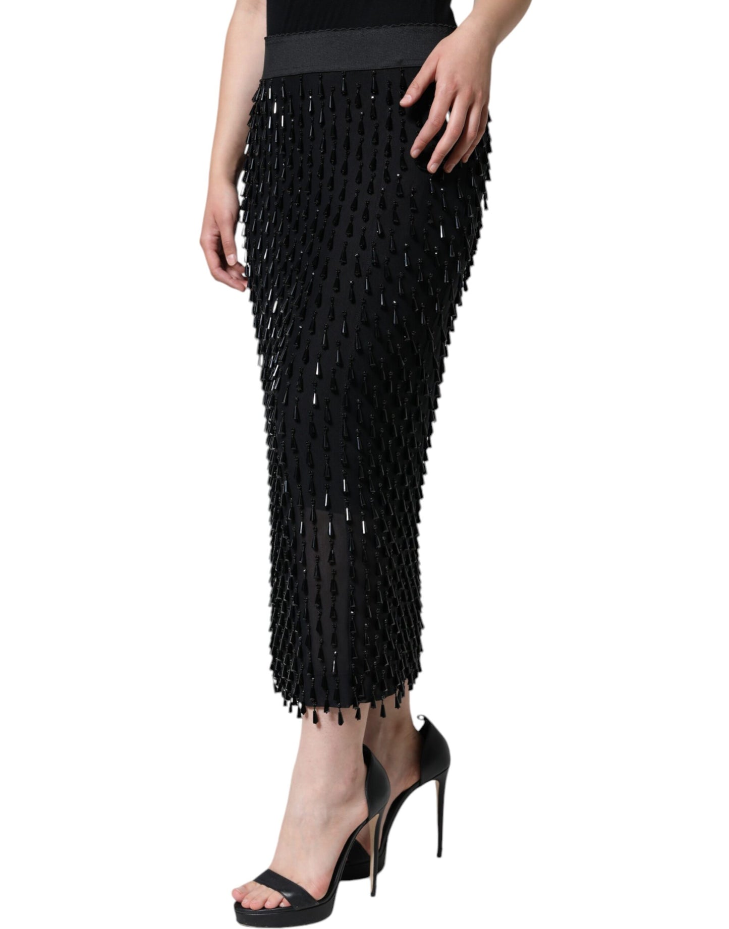  - Black Embellished Pencil Cut Midi Skirt