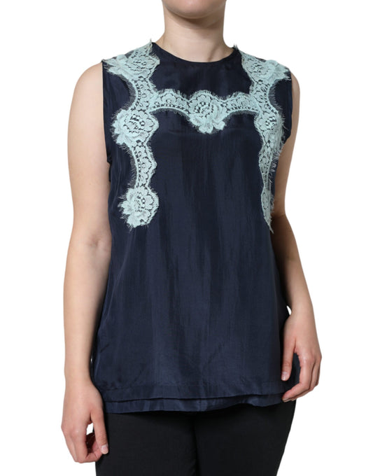  - Blue Floral Lace Silk Sleeveless Tank Top