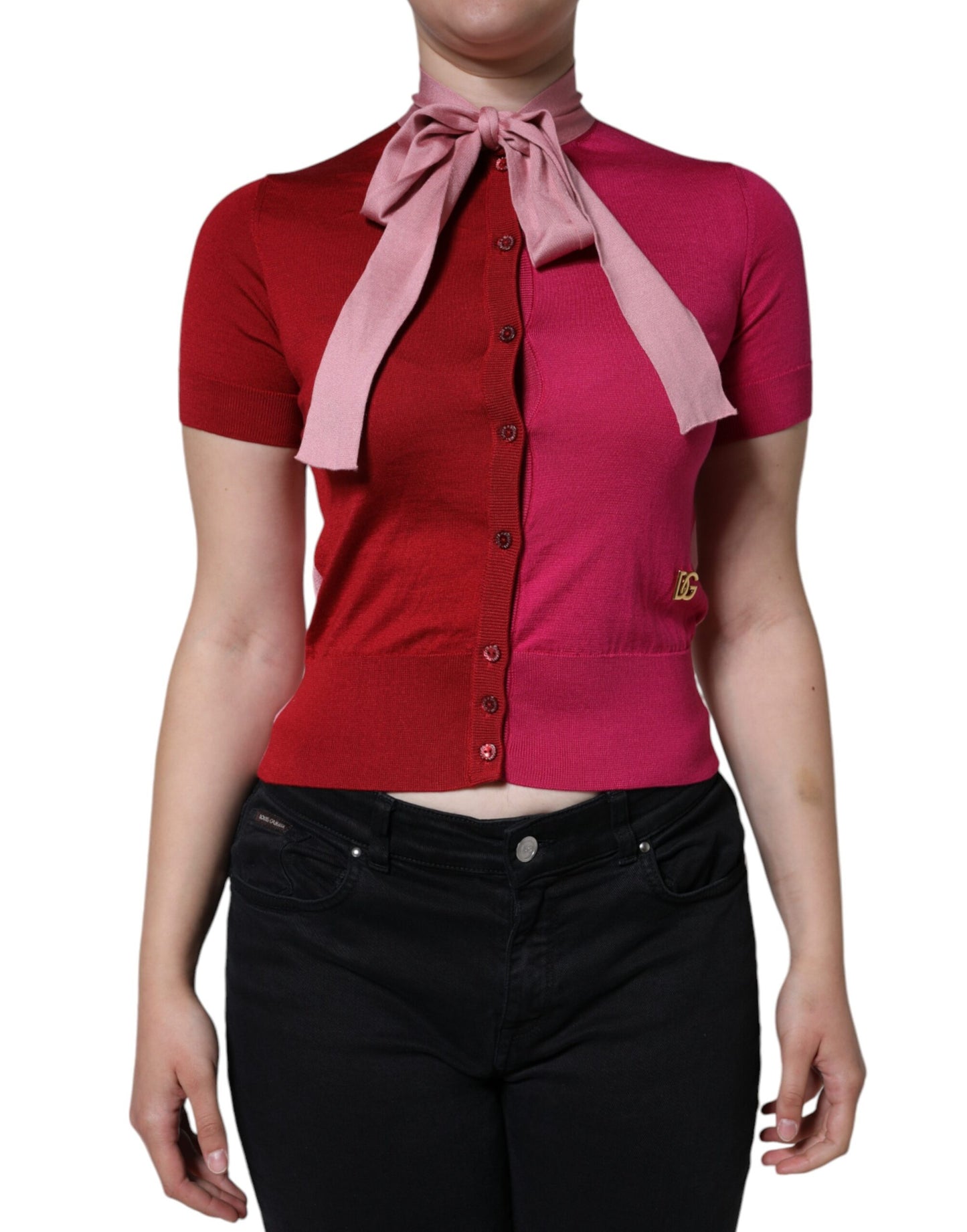  - Pink Short Sleeves Pullover Ascot Collar Top