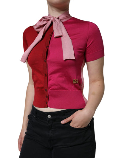  - Pink Short Sleeves Pullover Ascot Collar Top