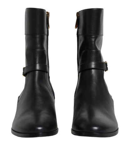Dolce & Gabbana Black Leather Logo Mid Calf Boots