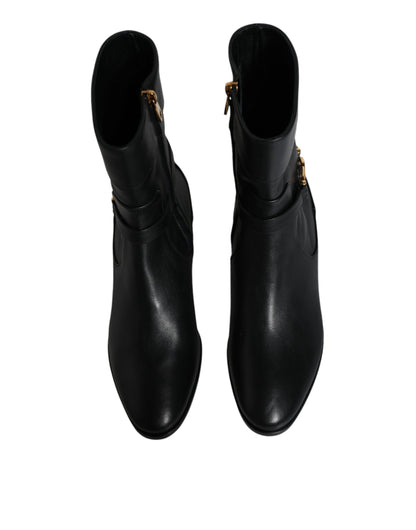 Dolce & Gabbana Black Leather Logo Mid Calf Boots