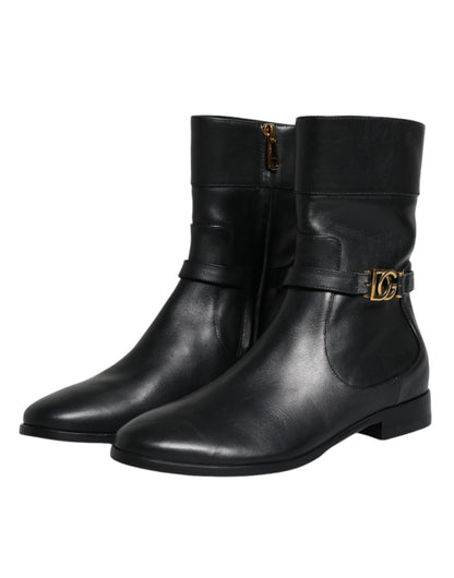  - Black Leather Logo Mid Calf Boots Shoes