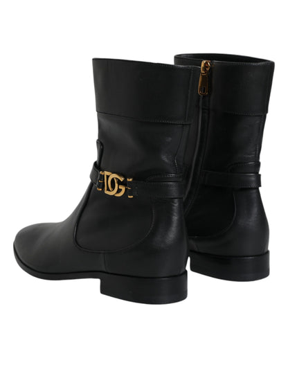  - Black Leather Logo Mid Calf Boots Shoes