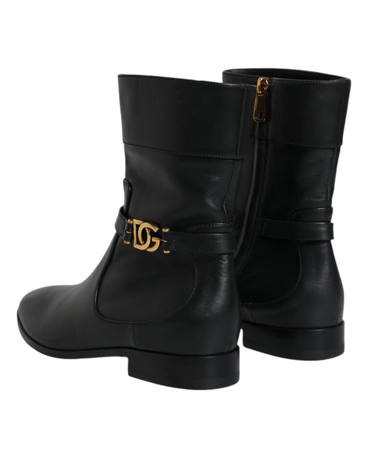 Dolce & Gabbana Black Leather Logo Mid Calf Boots