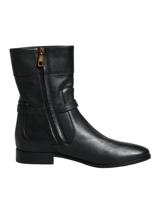 Dolce & Gabbana Black Leather Logo Mid Calf Boots