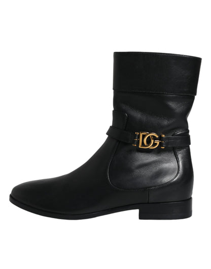 Dolce & Gabbana Black Leather Logo Mid Calf Boots