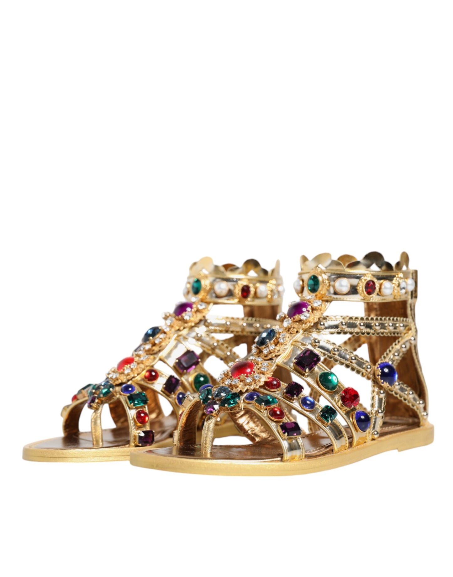  - Gold Leather Crystal Gladiator Sandals Flats Shoes